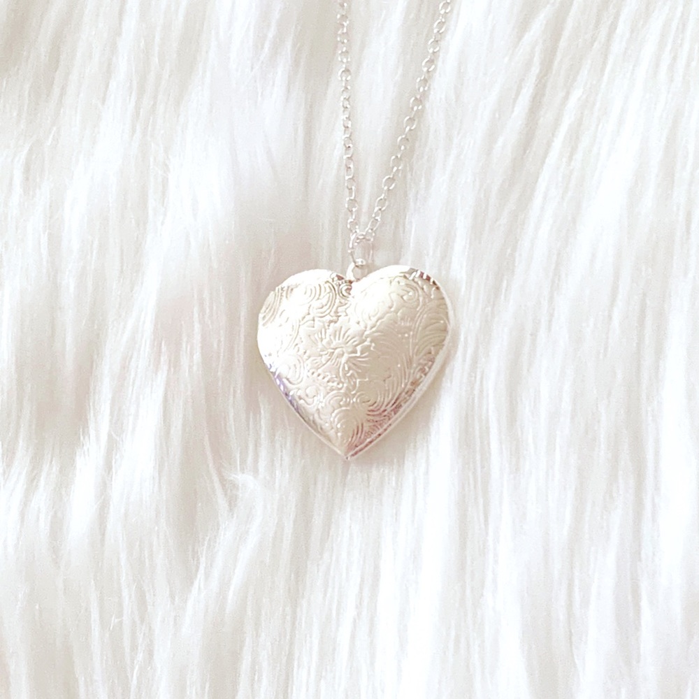 Silver Heart Locket With Engraved Flower Swirl Design - Picture 2 of 5